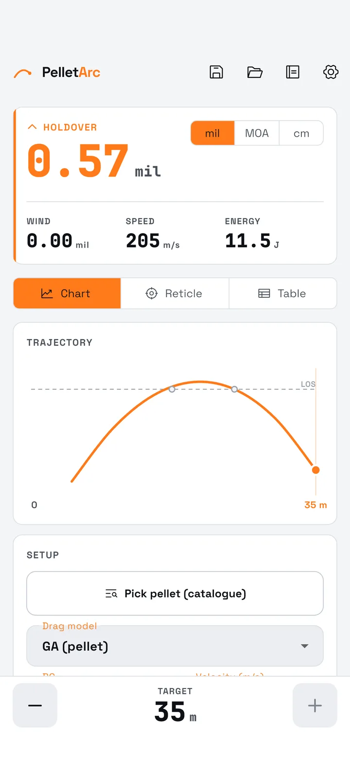 PelletArc home screen: a 0.57 mil holdover answer above the trajectory chart at 35 metres